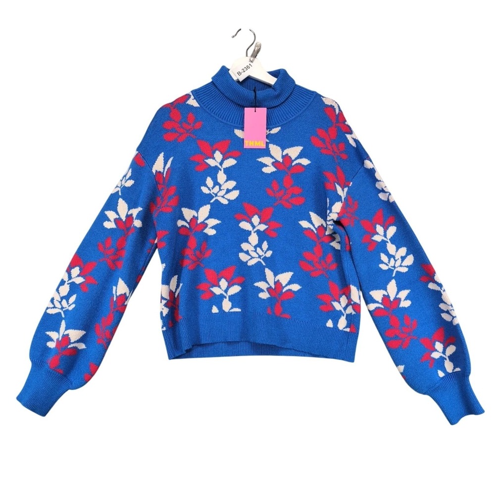 NWT THML Floral Blue Pullover Sweater Womens L Turtleneck Red White Retro Preppy